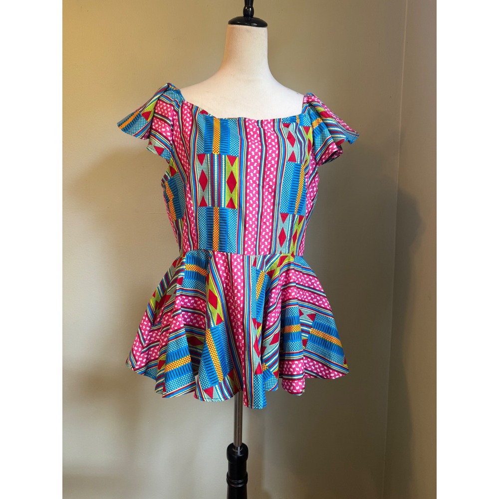 Shenbolen African Wax Print Peplum Top PinkBlue Short Sleeve Large boho colorful